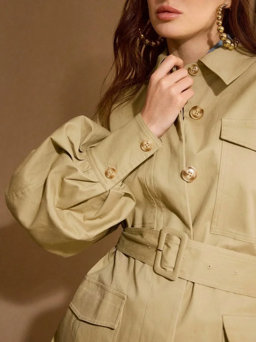 Khaki Casual Women's Oversized Pocket Cotton Trench Coat - Picture 2 of 7